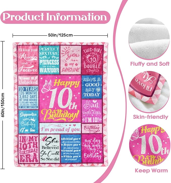 10th Birthday Checkered Flannel Girl's Double Digits Birthday Blanket, 50"x60", Modern Style, Heavy Weight, Perfect for Lounging, Napping, Watching TV, Indoor/Outdoor Use - Bloomnest