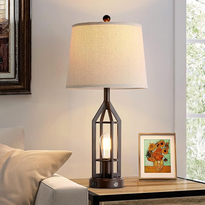28" Living Room Lamps Set of 2, Farmhouse Table Lamps for Bedroom with USB A+C Ports, Touch Lamps for Nightstand End Tables, 4 Bulbs Included - Bloomnest