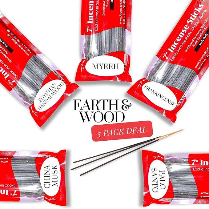 Aroma Depot Earth & Wood Vibes 7'' Incense Sticks - Variety Set 500 Pack - 7 inch - 5 Bundles 100 Sticks Per Scent. Set Features China Musk, Egyptian Sandalwood, Frankincense, Myrrh, Palo Santo