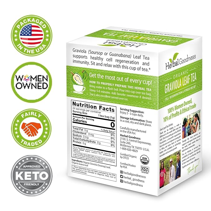 Graviola Leaf Soursop Tea - Organic Soursop Leaves | Hoja de Guanabana Leaves | Cell Support & Regeneration, Calm Relaxation - Caffeine Free - 24 Tea Bags - Herbal Goodness - Bloomnest