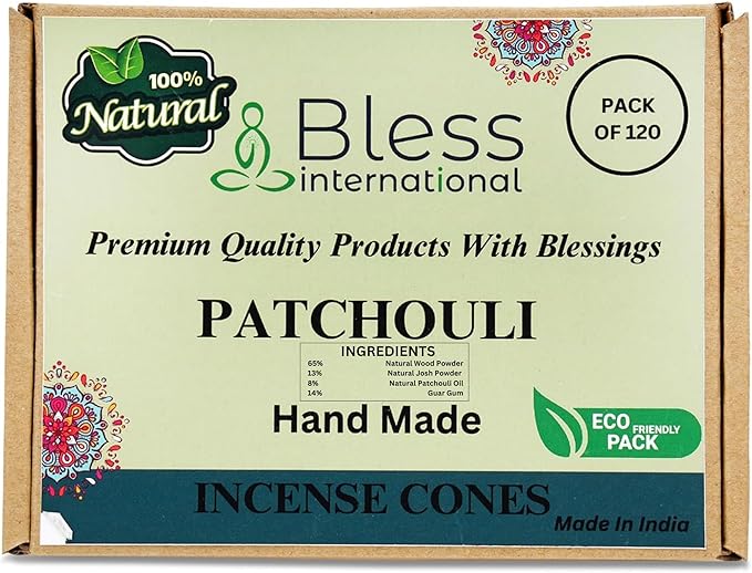 Bless International Patchouli 100%-Natural-Incense-Cones Handmade-Hand-Dipped Organic-Chemicals-Free for-Purification-Relaxation-Positivity-Yoga-Meditation The-Best-scents (120 Count) BlessInternational