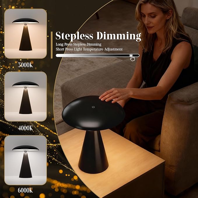 Mushroom Aesthetic Cute Lamp,Magnetic Mid Century Modern Lamp with 3-Mode Lighting for Unique Home Mushroom Decor,Cordless USB Rechargeable Lamps for Bedside/Dorm/Office/Entryway Decor(Black) - Bloomnest