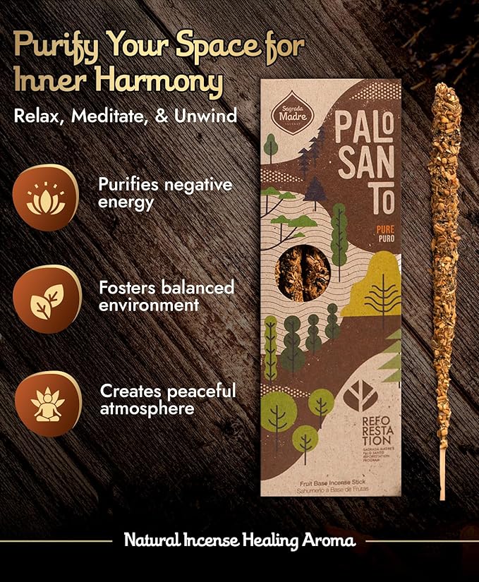 Sagrada Madre 4pcs Wildly Harvested Palo Santo Incense Sticks, 6.7” Long - Pure, Non-Toxic, Aromatic Incense Sticks (50 min Approx. Burning Time) to Heal & Calm Your Body and Environment SagradaMadre