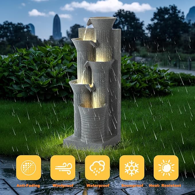 MAGIC UNION Outdoor Water Fountain, 5 Tiers Cascading Waterfall Indoor Water Feature Garden Decor with LED Lights, Patio Resin Fountains for Yard, Deck, Porch and Home, Bamboo Element (Light Gray) - Bloomnest