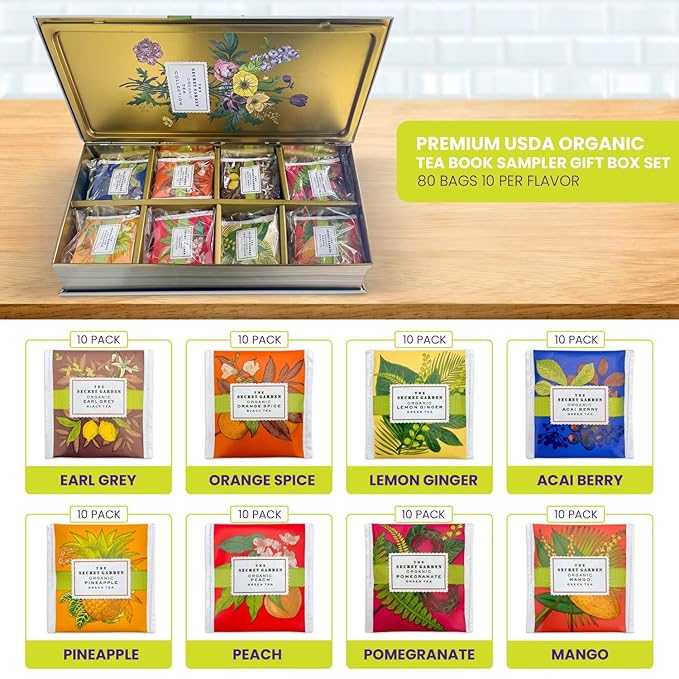 Premium Organic Tea Bag 80 Pack Sampler Designer Tin Book Gift Set 10 Per Flavor Assorted Variety Exotic Fruit Herbal Black And Green Teas Individually Wrapped (8 Flavors) - Bloomnest