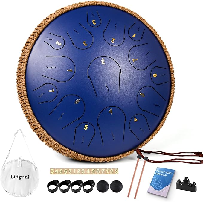 Steel Tongue Drum - 14 Inch 15 Note Tongue Drum - Hand Pan Drum with Music Book, Handpan Musical Instrument Mallets and Carry Bag, C Major, Deep Blue - Bloomnest