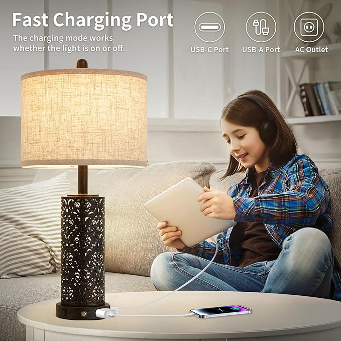 26" Set of 2 Farmhouse Table Lamp, 3-Way Dimmable Touch Control with Nightlight, 2 USB Ports + AC Outlet Vintage Rustic Bedside Lamp for Living Room Bedroom and Nightstand (Black-2 Pack) - Bloomnest