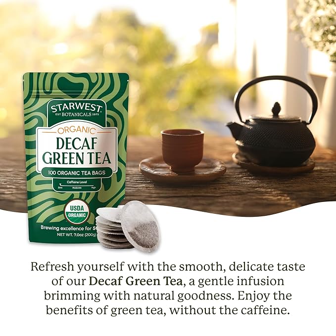 Starwest Botanicals Organic Decaf Green Tea - Decaffeinated Herbal Tea, Caffeine Free Tea with Antioxidant Properties, USDA Organic Green Tea Leaf, Non GMO - Bulk Pack, 100 Tea Bags - Bloomnest