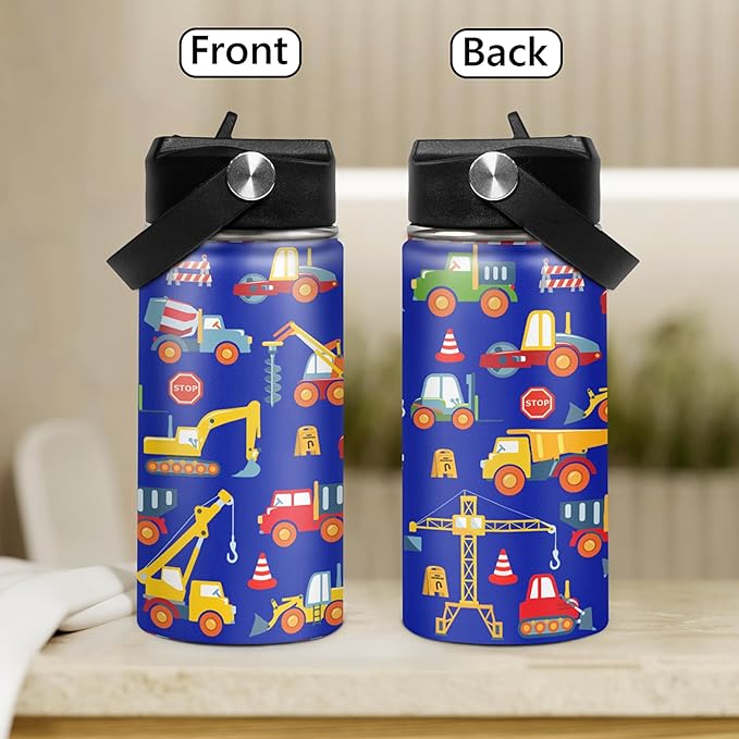 Kids Water Bottle with Straw Construction Insulated Water Bottles 12oz Stainless Steel Travel School Tumbler Double Wall Vacuum Cup for Boys Kid - Bloomnest