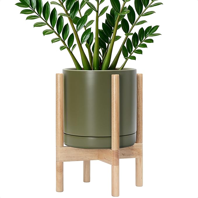 D'vine Dev Ceramic Planter with Natural Stand - 10 Inch Modern Round Flower Pot with Wood Planter Holder, Olive, 55-B-K-J - Bloomnest
