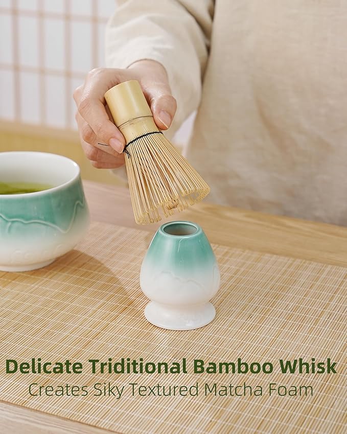 ZENS Matcha Whisk Set, 6Pcs Matcha Set Includes Ceramic Bowl, Bamboo Whisk and Chasen Holder,Scoop, 304 Stainless Sifter & Tea Mat, Matcha Kit for Tea Ceremony, Blue - Bloomnest