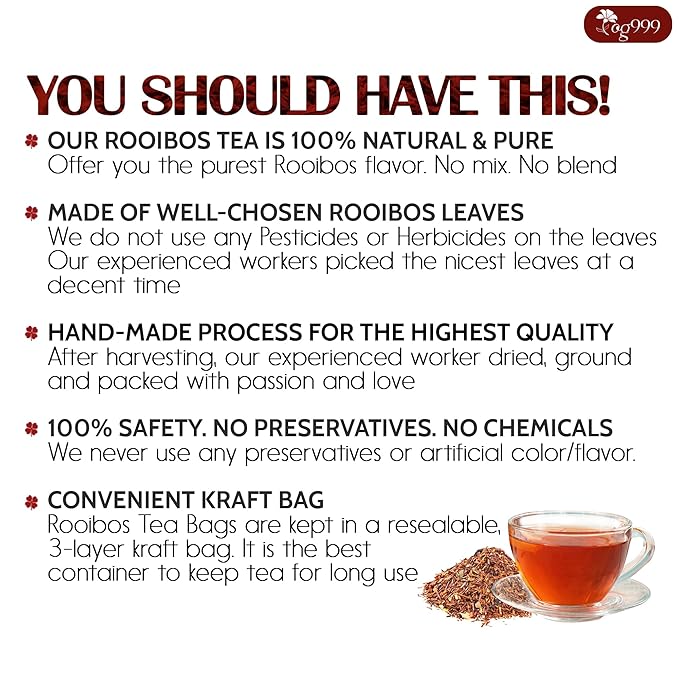 TOG999, Premium 60 Red Rooibos Tea Bags, 100% Natural & Pure from Rooibos Tea Leaves. Loose Leaf Rooibos Herbal Tea. Made with Natural Material Tea Bags. No Sugar, No Caffeine, No Gluten, Vegan. - Bloomnest
