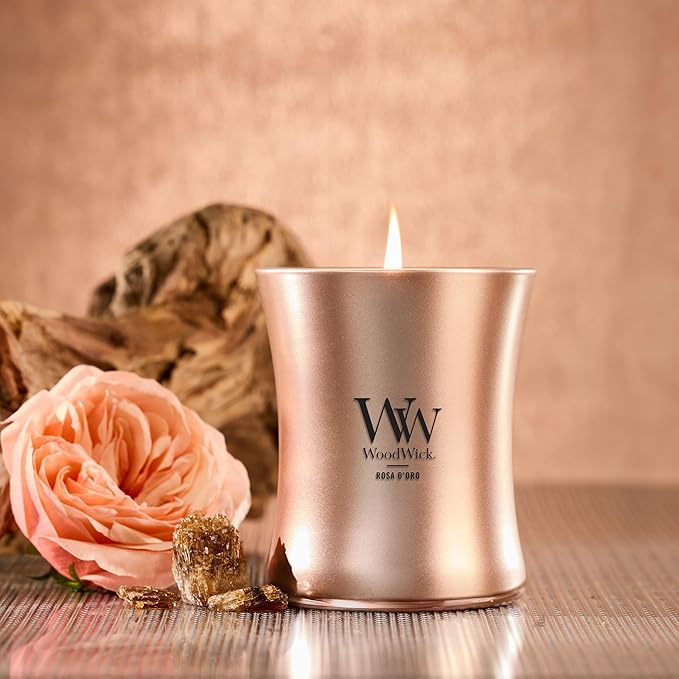 WoodWick Rosa D'oro Holiday Candle Gifts for Women and Men, 9.7 oz Precious Metals Collection with Crackling Wick - Bloomnest