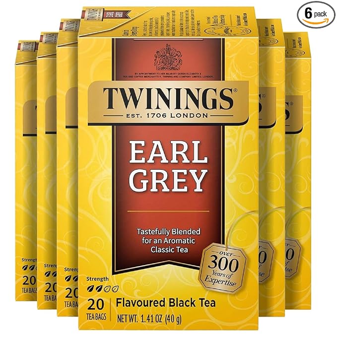 Twinings Earl Grey Black Tea Individually Wrapped Bags, 20 Count (Pack of 6), Flavoured with Citrus and Bergamot, Caffeinated, Enjoy Hot or Iced, 120 Teabags - Bloomnest