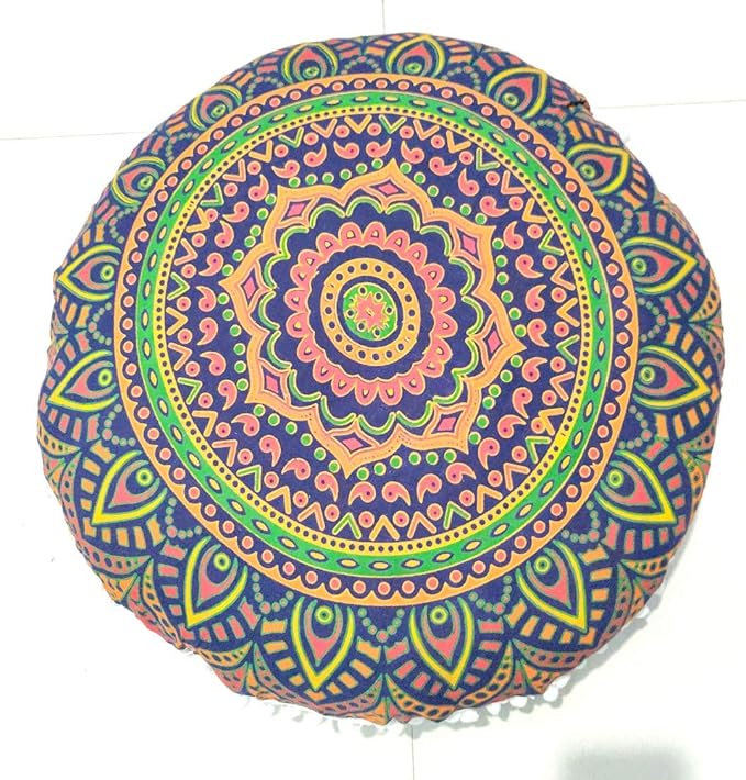 ICC New Blue Ombre 24" Mandala Barmeri Large Floor Pillow Cover Cushion Meditation Seating Ottoman Throw Cover Hippie Decorative Zipped Bohemian Pouf Ottoman Pom Pom Cases 24" Round - Bloomnest