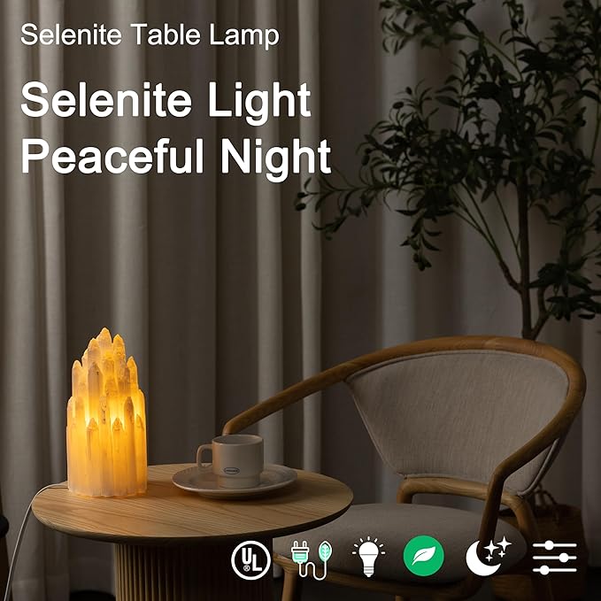 Handcrafted Selenite Lamp Salt Lamp Natural Crystal Light for Relaxation Table Lamp Salt Rock Night Light with Dimmer Switch for Bedroom, Yoga Room, Healing Meditation Decor White
