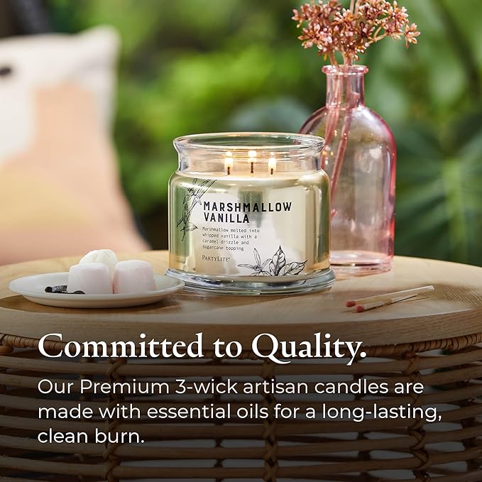 PartyLite Marshmallow Vanilla Scented with Caramel & Sugarcane Notes, 13.2oz 3-Wick Jar Candle, 45 Hour Burn Time, Luxurious Fragrance, Ideal for Gifting - Bloomnest