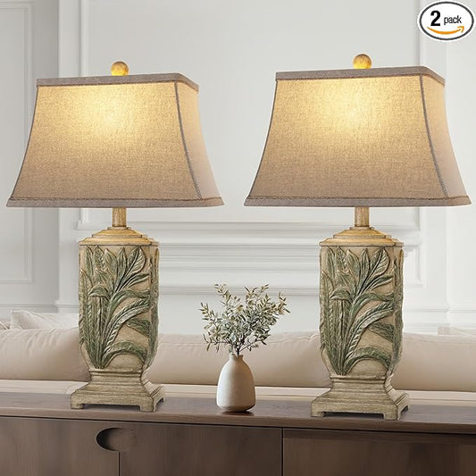 WIHTU 25" Vintage Table Lamps, 3 Color Temperature Rustic Retro Beside Lamp Set of 2, Farmhouse Resin Table Lamp for Living Room Bedroom Nightstands, Rotary Switch, Carved Leaf(2 Bulbs Included) - Bloomnest