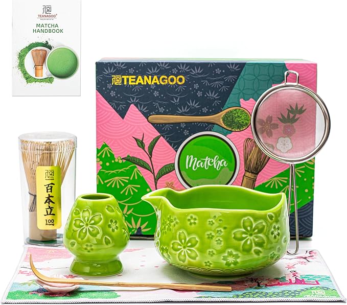 TEANAGOO 7-PCS Green Matcha Whisk Set with Cherry Blossom Design, Complete Ceremony Kit, Ceramic Chawan Bowl with Spout, Whisk & Accessories, Traditional Matcha Tea Set for Lattes& Gift Giving - Bloomnest