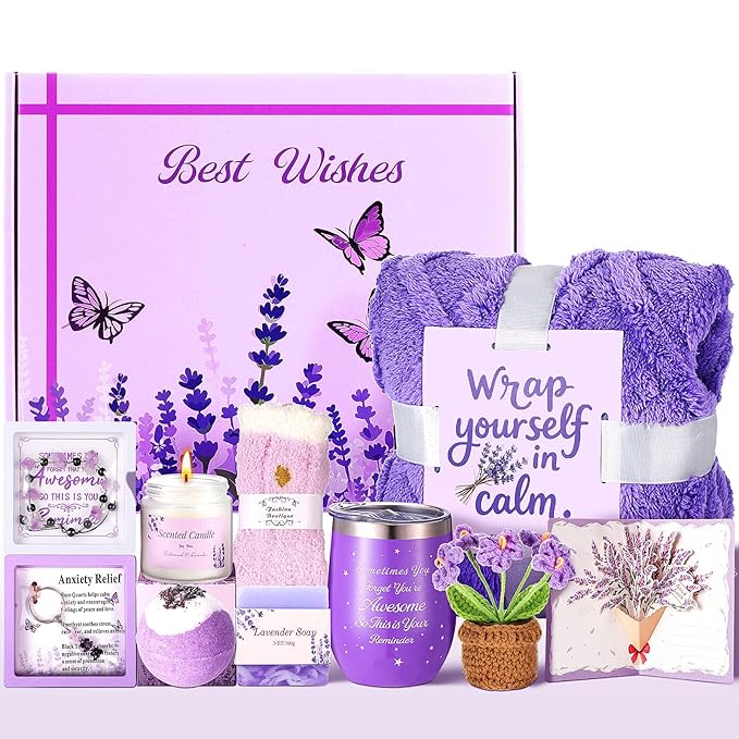 Valentines Day Gifts for Her Birthday Gifts for Women ,Self Care Get Well Soon Gifts Baskets Lavender Spa Kit Bath Set Gifts for Mom Girlfriend Wife Daughter Sister Best friend w/ Blanket - Bloomnest
