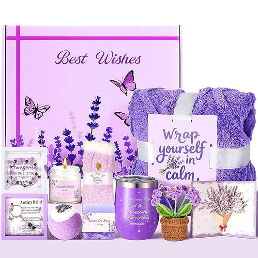 Valentines Day Gifts for Her Birthday Gifts for Women ,Self Care Get Well Soon Gifts Baskets Lavender Spa Kit Bath Set Gifts for Mom Girlfriend Wife Daughter Sister Best friend w/ Blanket - Bloomnest