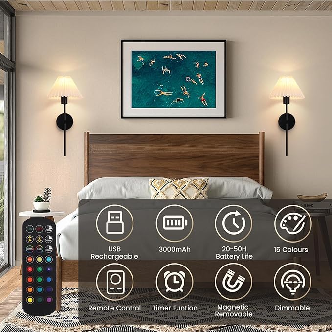 Rechargeable Battery Operated Wall Sconces Sets of 2, 15 Colors Wireless Wall Sconce, Black Wall Lights Fixture with Dimmable Bulbs and Remote, Not Hardwired Wall Mounted Lamps for Bedroom Living Room - Bloomnest
