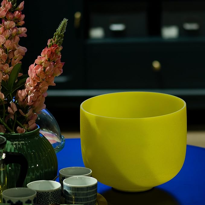 TOPFUND Yellow E Note Crystal Singing Bowl Solar Plexus Chakra 10 inch with Heavy Duty Carrying Case and Suede Mallet