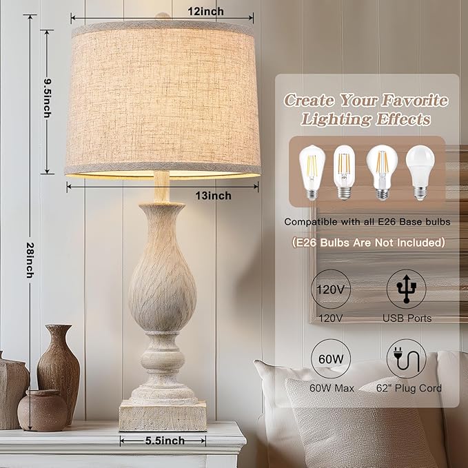 28'' Tall Farmhouse Table Lamps for Living Room, Bedroom Lamps Set of 2 with USB C+A Charging Ports, Rustic Farmhouse Nightstand Lamps for Bedside, Traditional Side Table Lamp with Fabric Shade - Bloomnest