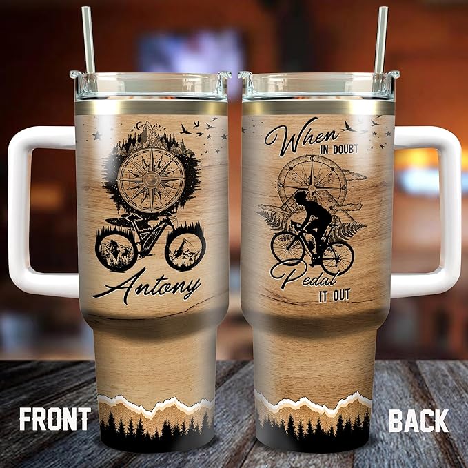 WAZONE Personalized Cycling Tumbler 40oz with Handle and Straw Custom Name When In Doubt Pedal It Out Stainless Steel Tumblers Travel Mug Cup Bicycle Funny Gift For Bikers Cyclists Women Men - Bloomnest