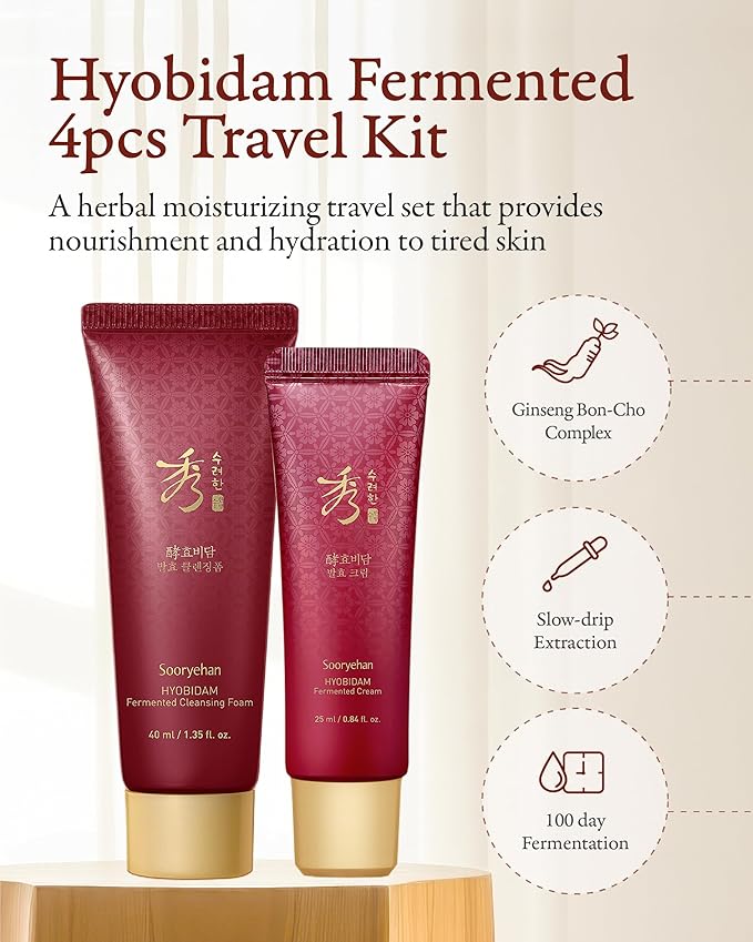 Sooryehan Hyobidam Fermented Travel Kit (Pack of 4) - Herbal korean skincare set with Toner, Emulsion, Cream & Cleansing Foam, featuring Baekhyodan™ & Silver Mushroom. for hydration & elasticity. - Bloomnest