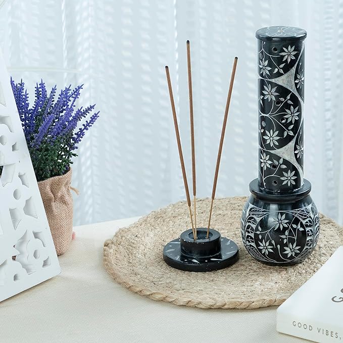 Crocon Black Marble Soapstone Incense Stick Burner Round Shape Flower & Leaf with Handi Design Tower Burner Candle Stick Holder Decorative Home & Kitchen 2.7x2.7x10 Inch