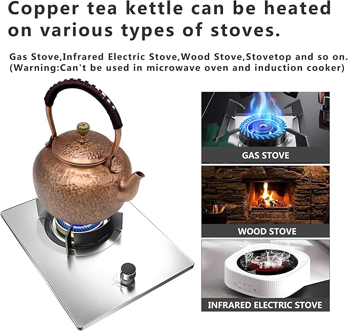 50.7oz Elegant Chinese Style Copper Tea Kettle For Stovetop, Non-Coating Pure Copper Teapot with Stainless Steel Infuser For Loose Tea, Large and Solid Tea Pot(1500ml) - Bloomnest