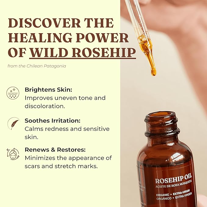 Offernova Organic Rosa de Mosqueta Oil- USDA Certified Rosehip Seed Oil Pure Cold Pressed, Repairs & Brightens Skin - Gua Sha Massage, Face, for All Skin Types - Aceite Facial 1OZ - Bloomnest