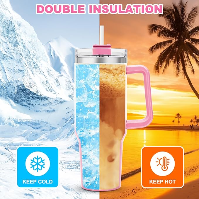 40 oz Tumbler with Handle and Flip Straw Lid, Vacuum Insulated Leak Proof Double Walled Stainless Steel Glitter Travel Mug Tumblers, Maintains Cold Ice and Heat for Hours(White Pink Gradient) - Bloomnest