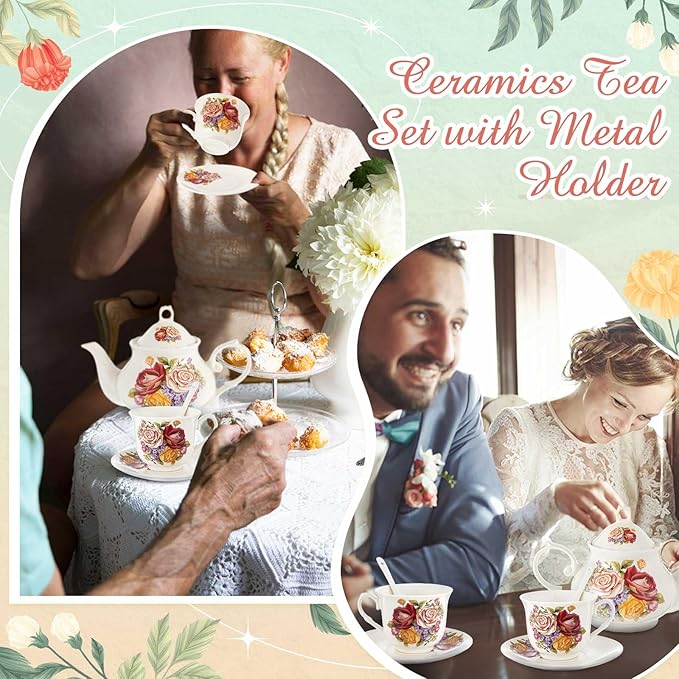 Zhehao 20 Pcs Porcelain Tea Set with Metal Holder and Spoon Adult Ceramic Tea Set European Flower Painting Teapot Cup Saucer Spoon for Women, Large Version(Styleish Style) - Bloomnest