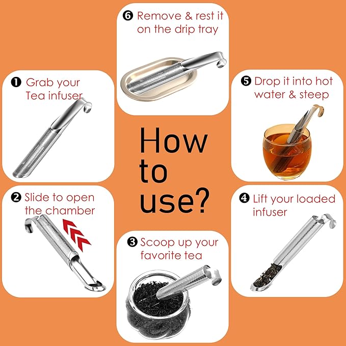 304 Food-grade Stainless Steel Tea Infusers for Loose Leaf Tea and Herbs - Reusable Fine Mesh Metal Long-Handled Tea Strainers with Hanging Hook, Brush and Drip Tray for Single Cup Brewing