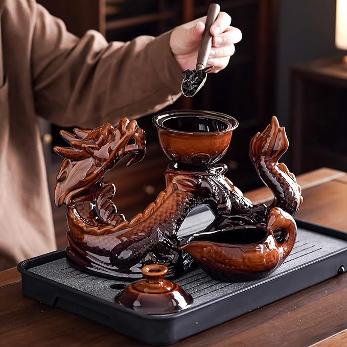 Ceramic Teapot with Infuser Semi Automatic Tea Set Magic Teapot with 8 cups Gradient Color (Yellow Dragon- A) - Bloomnest
