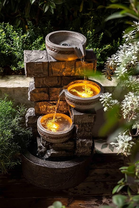 Water Fountian Outdoor - 3 Tiered Bowls Floor Stacked Stone Pump Waterfall Fountain,Provide Flowing Water Feature for Outside Garden,Backyard,Lawn,27 Inch Tall - Bloomnest