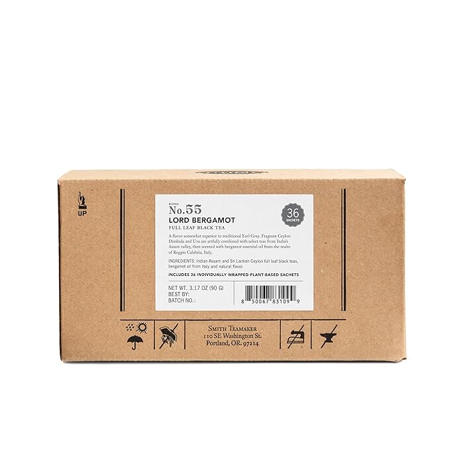 Steven Smith Teamaker Lord Bergamot No. 55, Caffeinated, Sugar-Free, Sustainably Grown, Full Leaf Earl Grey Black Tea Bags, 36 Sachets, 1.2oz each - Bloomnest
