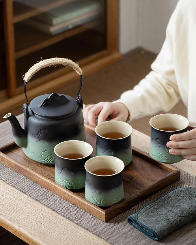 ZENS Vintage Japanese Tea Set with 4 Tea Cups, 33.8 oz Embossed Ceramic Loose Leaf Teapot with Built-in Strainers for Tea Steeper, Hemp Rope Handle Gradient Japanese Tea Pot for Tea Lovers Gifts - Bloomnest