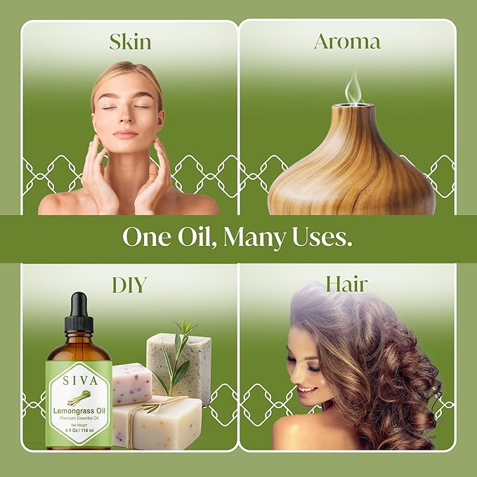 Siva Lemongrass Essential Oil - 4 Fl Oz – 100% Natural Lemongrass Oil - for Diffuser, Face, Skin Care, Aromatherapy, Hair Care, Scalp and Body Massage - with Dropper - Bloomnest