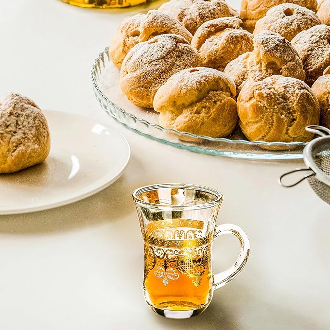 Turkish Tea Glasses Set of 6 - Gold Moroccan Tea Cups with Handle - 5 oz Footed Glass Coffee Mugs for Hot Cold Beverages Drinks