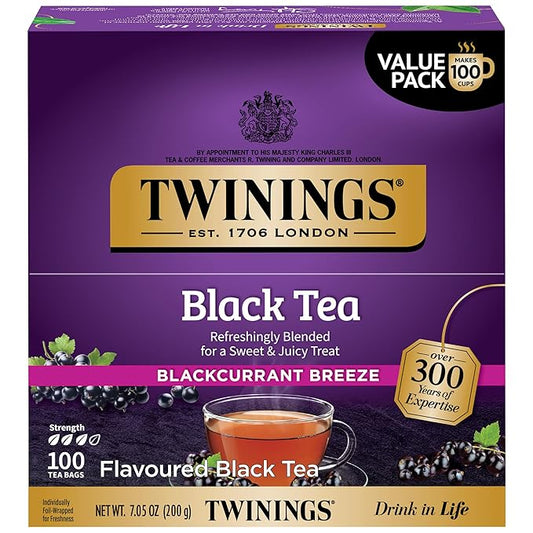 Twinings Blackcurrant Breeze Black Tea Individually Wrapped Bags, 100 Count (Pack of 1), Sweet, Tangy Taste, Caffeinated, Enjoy Hot or Iced, 100 Teabags