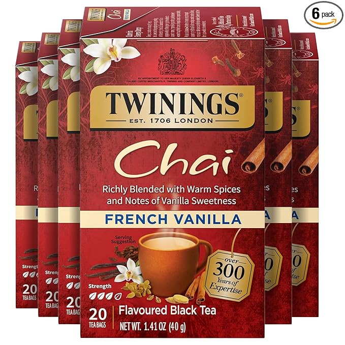 Twinings French Vanilla Chai Black Tea Individually Wrapped Bags, 20 Count (Pack of 6), Warm, Sweet & Spicy, Caffeinated, Enjoy Hot or Iced, 120 Teabags - Bloomnest