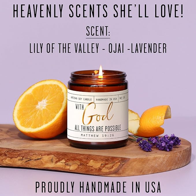 Christian Gifts for Women, Religious Gifts for Women - 'With God' Candle, w/Lily of the Valley & Lavender I Spiritual Gifts for Women I Faith Bible Gifts I Catholic Gifts Women I 50Hr Burn, USA Made - Bloomnest