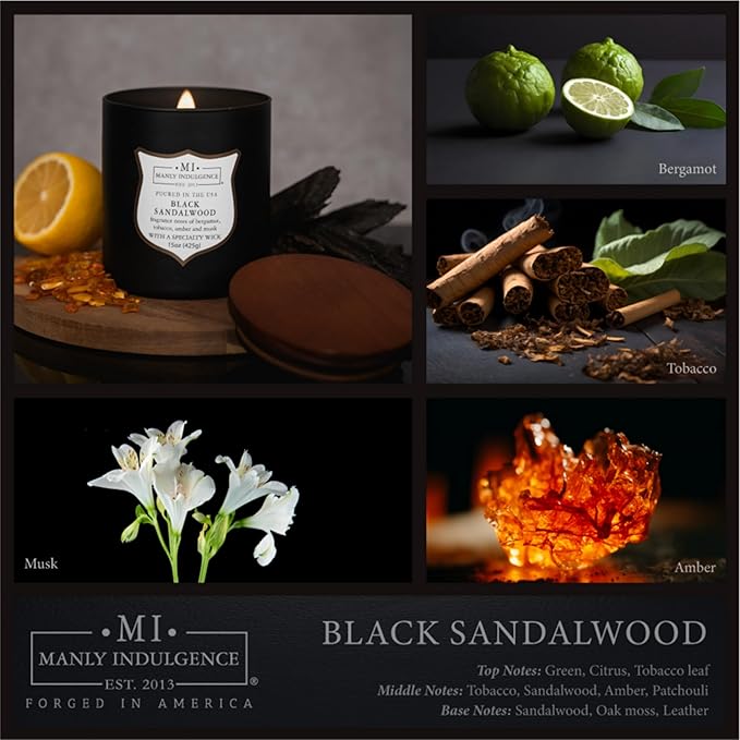 Manly Indulgence Black Sandalwood Scented Candle for Men 15 oz – Bergamot, Tobacco, Amber & Musk - Wood Wick - Up to 60 Hours Burn - Soy Blend Wax, USA Poured – Signature Collection - Bloomnest