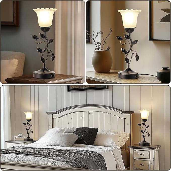 RORIANO Set of 2 Touch Bedside Vintage Lamps with 2 USB Ports, 3-Way Dimmable Flower Lamps, White Glass Shade Rustic Leaf Lamp for Bedroom Side Table, LED Bulb Included - Bloomnest