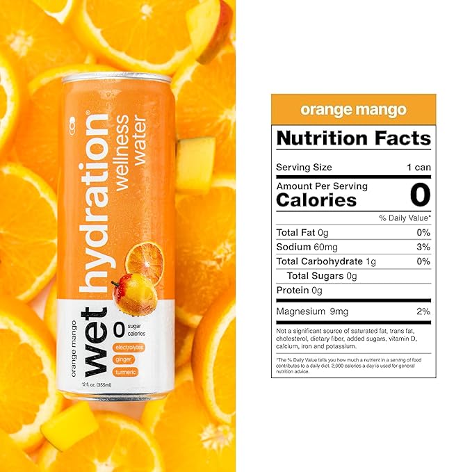Wet Hydration - Functional Hydration Beverage - Flavored Water, Sugar-Free, Gluten-Free, No Artificial Ingredients (Orange Mango Ginger Turmeric) - Bloomnest