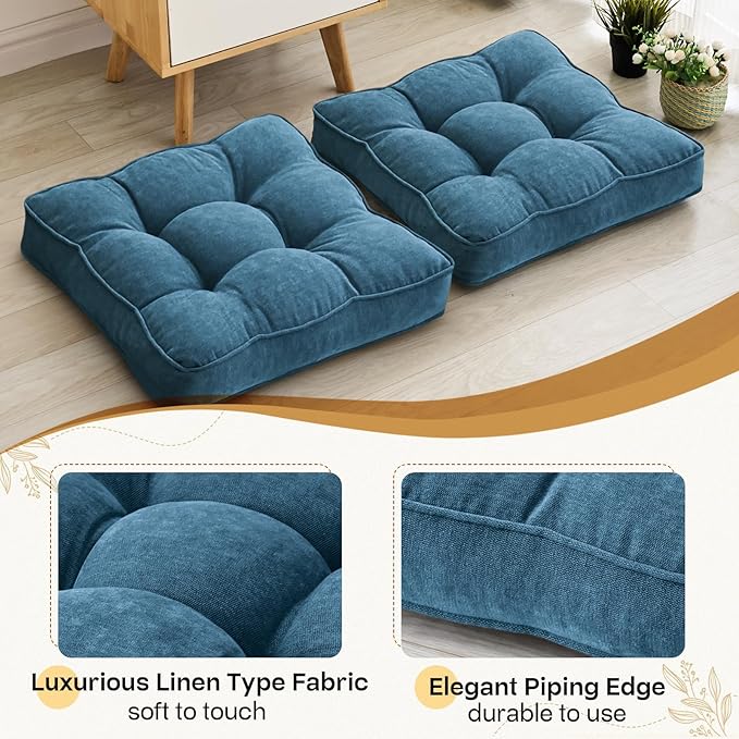 Floor Pillow Set of 2, Memory Foam Floor Cushions for Adults, Large Square Meditation Pillow for Sitting, 22 x 22 Inches (Square | Navy)