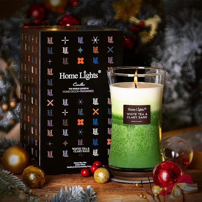 HomeLights 3-Layer Candles for Home Scented, 21.52 OZ Natural Soy Wax Scented Candles Burns Up to 100 Hours, Large Jar, White Tea & Clary Sage - Bloomnest